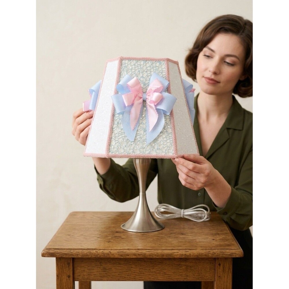 Vintage Table Lamp with Hand-Restored Pastel Coquette Bow Hexagon Shade